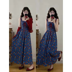 批发法式方领花朵吊带裙两件套2026夏季新款复古风系带拼接长款连衣裙