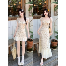 批发法式泡泡袖连衣裙女2026夏季新款重工刺绣收腰显瘦a字长款裙子