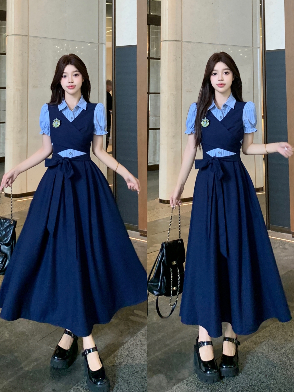 영국식 학원 스타일 2026 여름 패치워크 페이크 레이어드 허리 수축 연령 감소 품격 POLO 칼라 롱 코트 여성 드레스