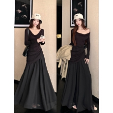 批发拼接气质连衣裙女2026春季新款法式高级感显瘦设计感收腰长款裙子