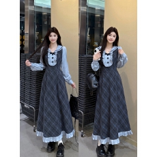 批发法式设计感假两件撞色<b class='q'>连衣裙</b>女2025秋冬新款学院风减龄长款裙子