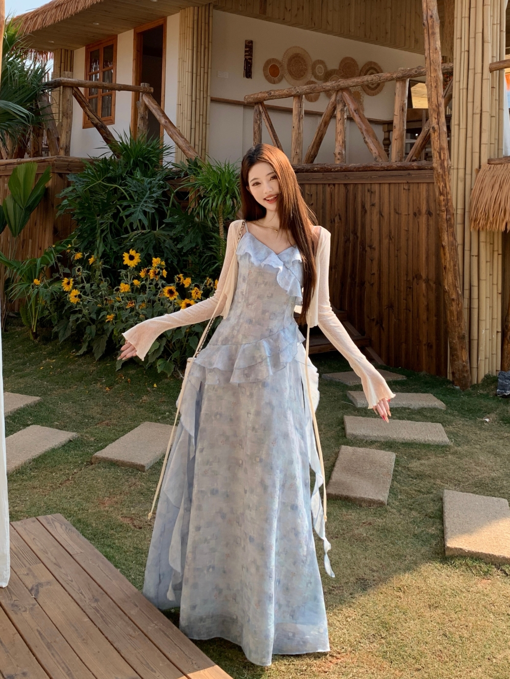 파란색 패치워크 슬립 드레스 여성 드레스 봄 여름 2026 새로운 불규칙 허리 수축 슬림해 보이는 품격 두 조각 치마
