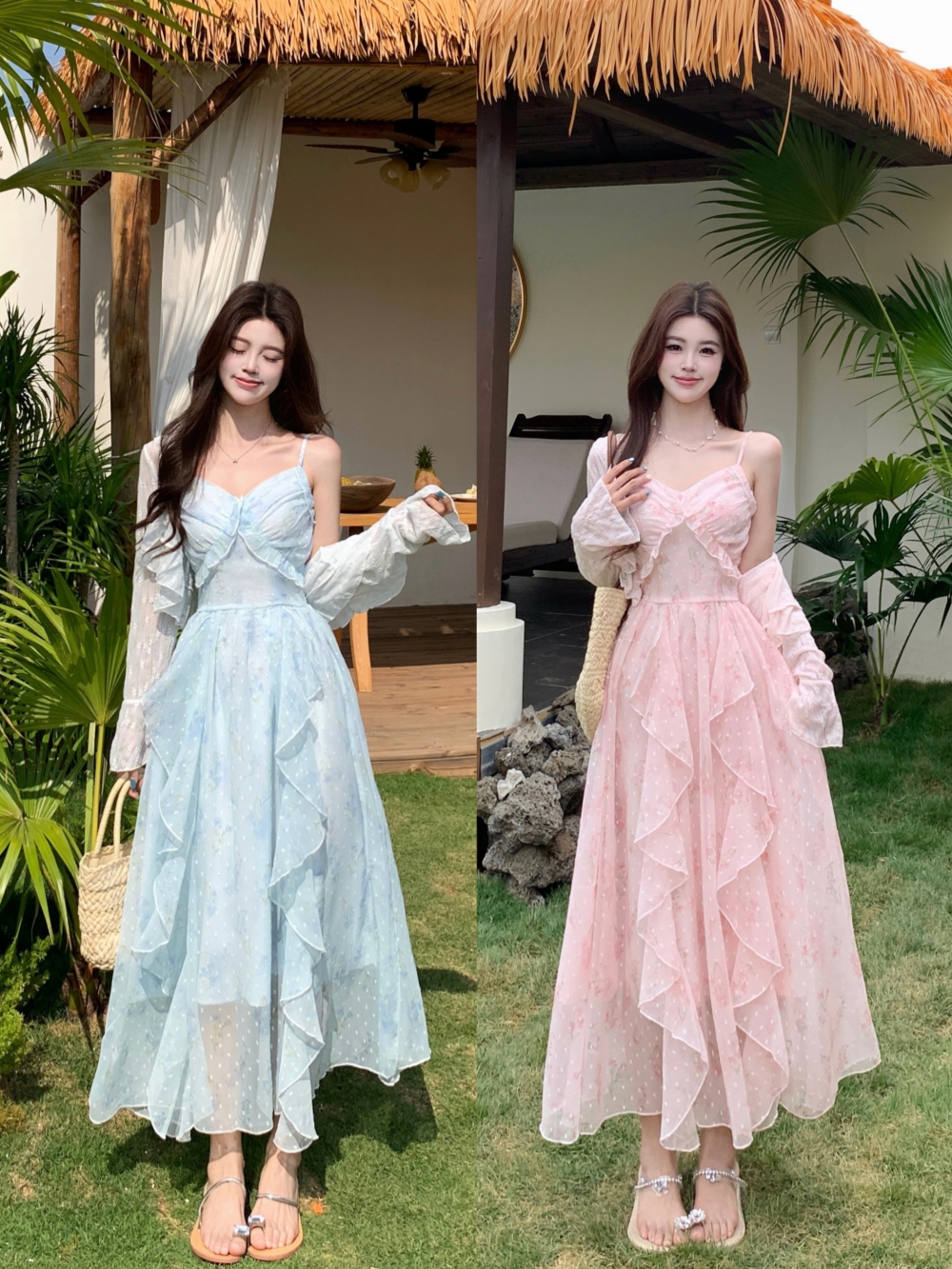 슬립 드레스 요정 가스 슬림해 보이는 프릴 여성 2026 여름 새로운 달콤함 휴가 바람 숄 외부 가져 가라. 두 조각 치마
