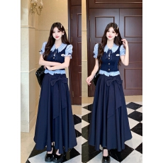 批发学院风减龄假两件拼接上衣女2026<b class='q'>春</b>夏新款高腰半身裙长款两件套装