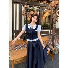 批发学院风减龄假两件拼接上衣女2026<b class='q'>春</b>夏新款高腰半身裙长款两件套装
