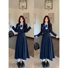 批发韩系学院风蝴蝶结假两件<b class='q'>连衣裙</b>女2026秋冬新款显瘦西装外套两件套
