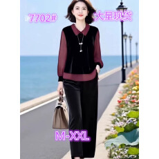 批发原创品牌女装店新款拼接<b class='q'>雪纺</b>假两件上衣松紧腰显瘦直筒<b class='q'>裤</b>套装