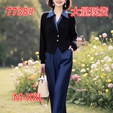 批发女装原创<b class='q'>品牌</b>旗舰店复古拼接假两件上衣+松紧腰窄版裤套装秋