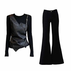 批发pu皮拼接<b class='q'>假两件</b>设计感长袖T恤女秋冬显瘦时尚打底衫上衣裤子套装