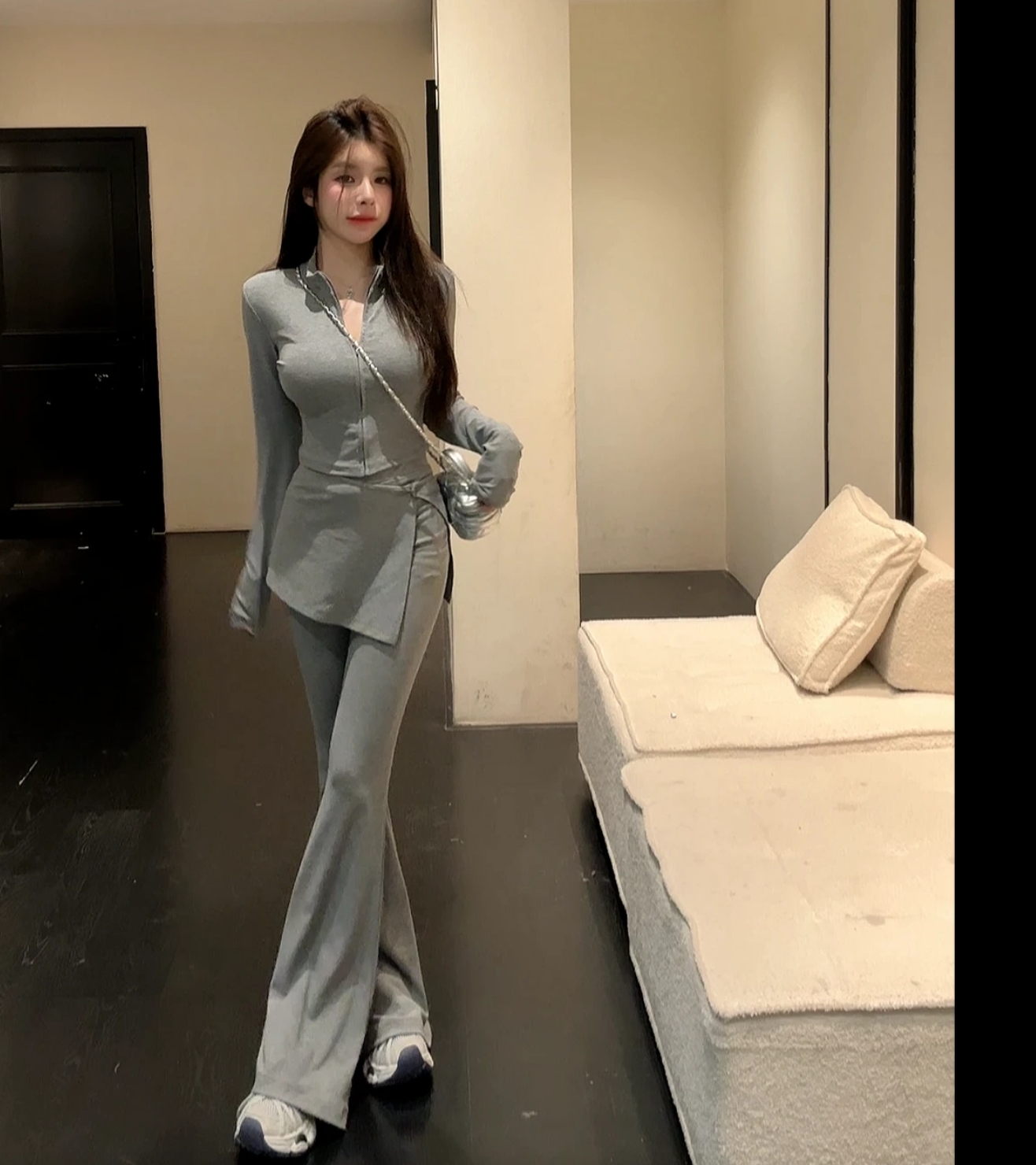 huihui 한 부서 캐주얼 바람 랩스커트팬츠 맨위 코디 부츠컷 바지 패션 세트 벨트 어깨 패드 l0508