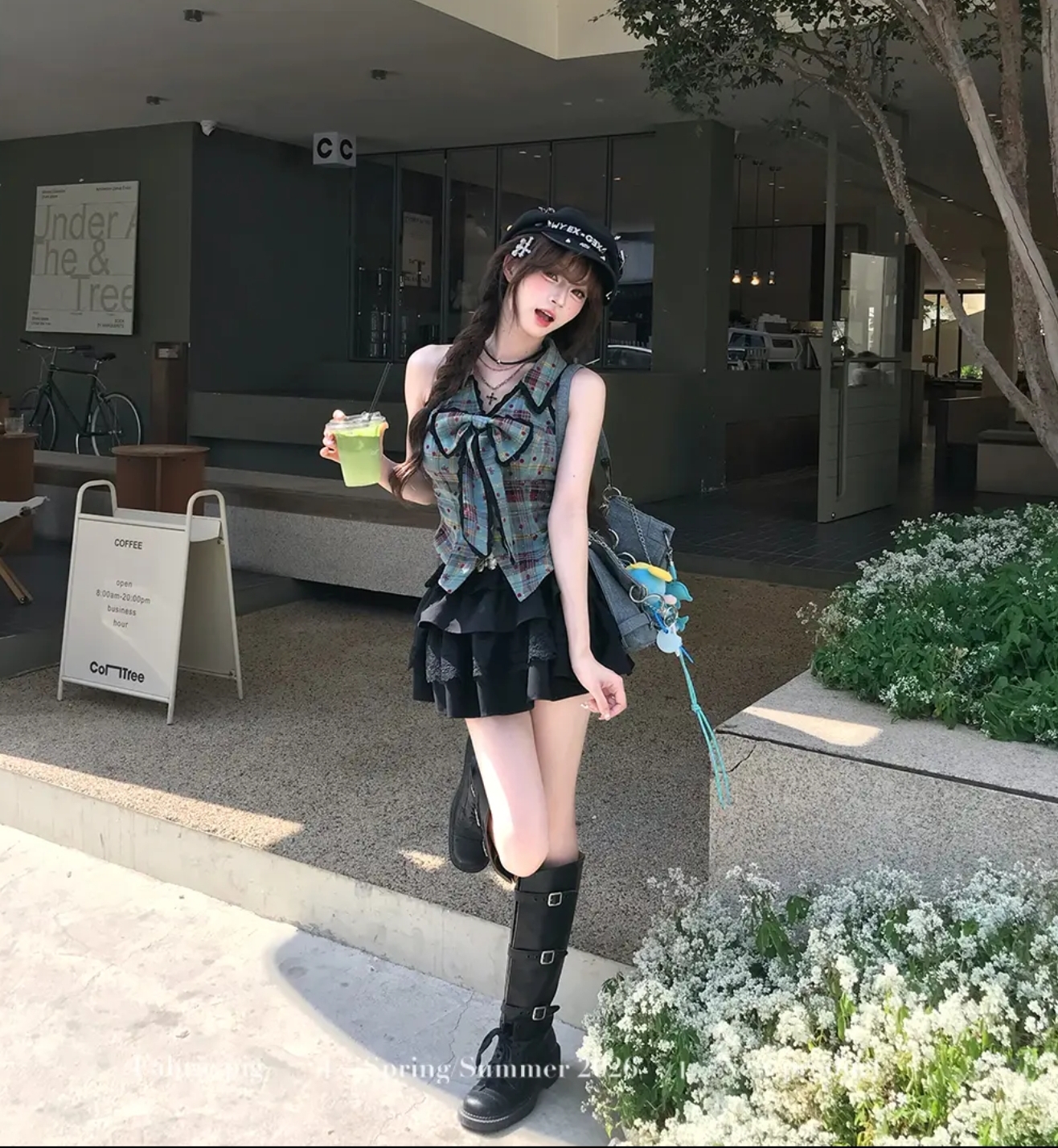 녹색 잉크 달콤한 라스베리 직물 돼지 오리지널 순수한 욕망 배색 나비 매듭 체크무늬 민소매 맨위 봄 여름 케이크 퍼프 스커트