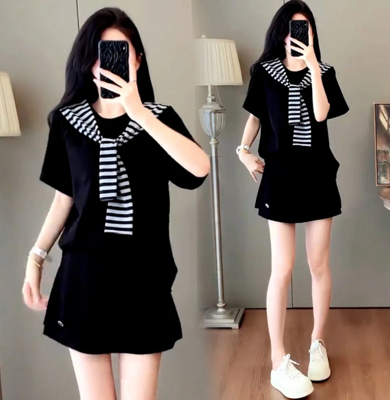 패션 작은 키 세트 여성 2026 년 여름 새로운 캐주얼 연령 감소 루즈핏 반팔 티셔츠 바지 투피스 세트