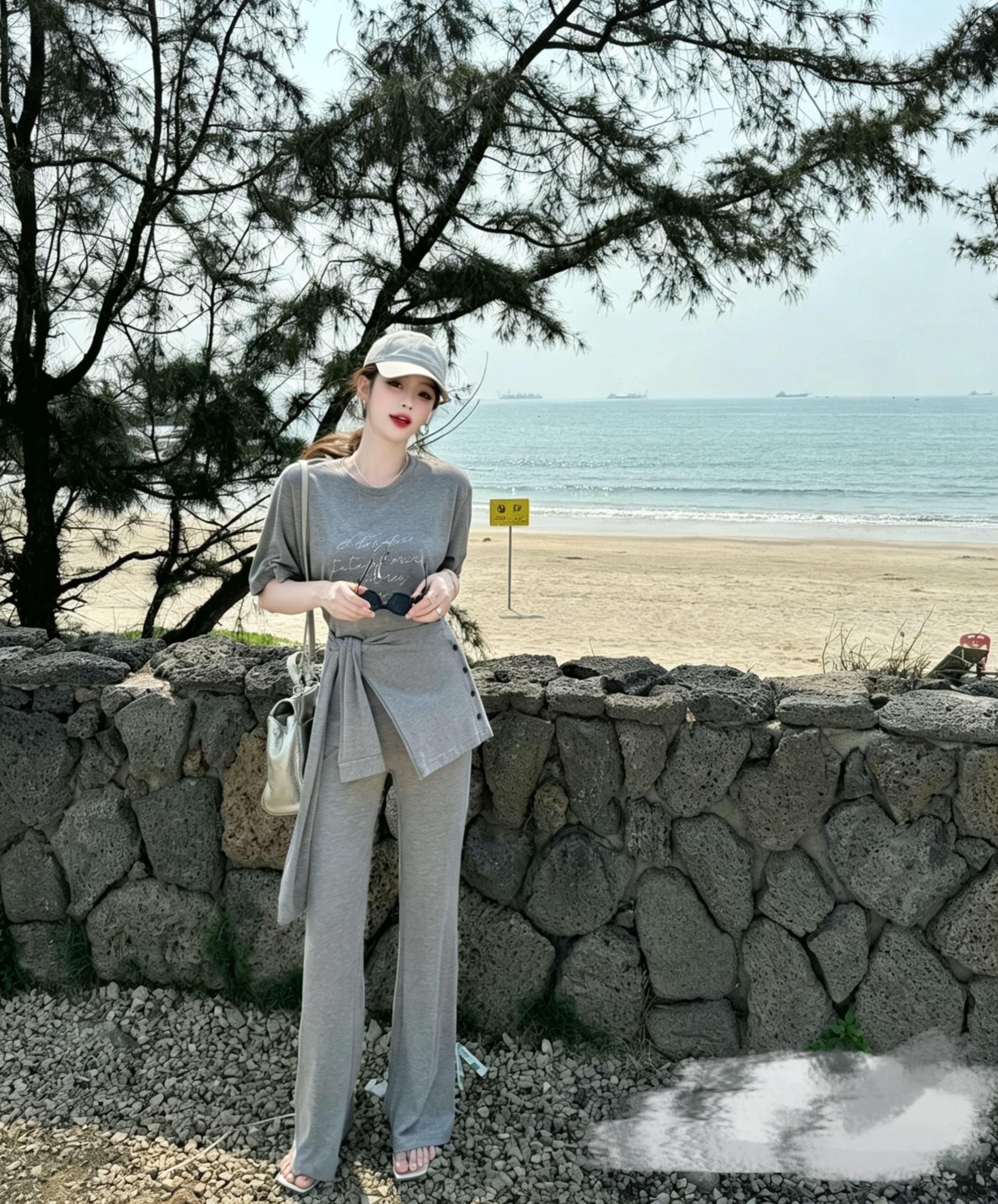 wu11 오리지널 다용도 라운드 넥 루즈핏 반팔 티셔츠 허리 인감 높은 허리 바지 패션 3종 세트 vv041506