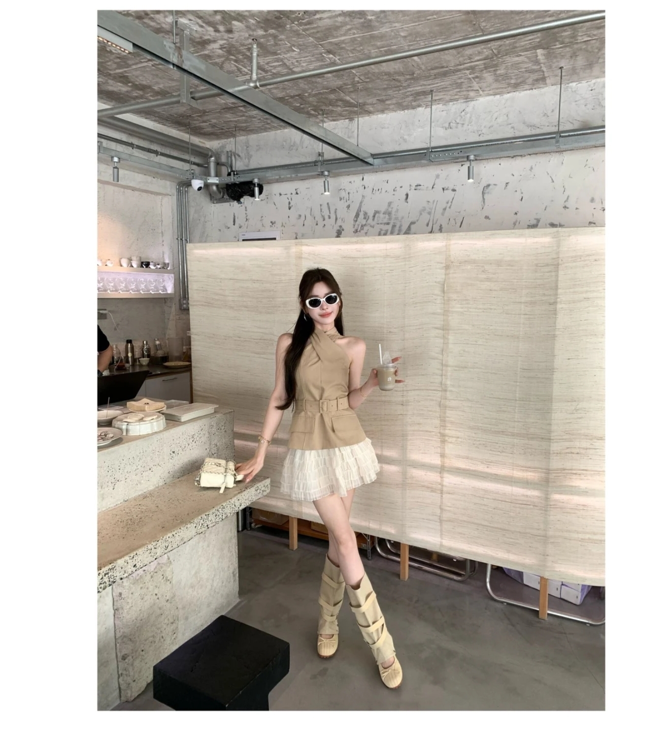 쌀 Na 홈 감기 원 웨이 카키 색 십자가 벨트 조끼 베이지 색 쉬폰 무거운 작업 층 반 스커트