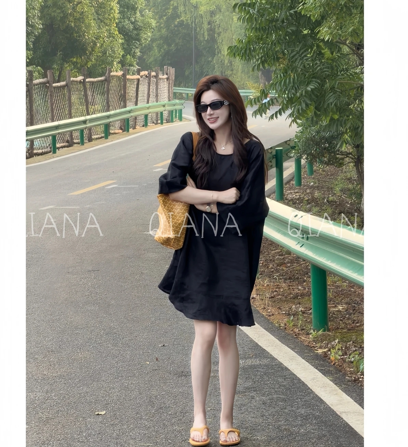 qiana 부자 치마 100 아마 느긋한 바람 루즈핏 라운드 넥 슬림해 보이는 쇼트 스타일 드레스 qians492