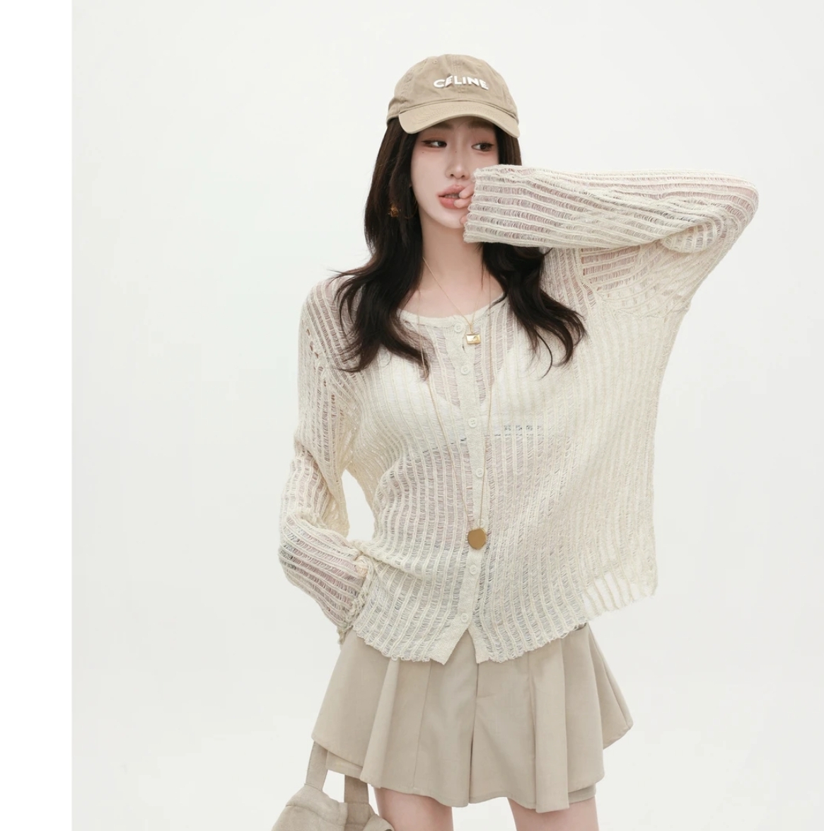 잉 어린이 맞춤 디자인 센스 홀로우 아웃 니트 오픈 가디건 맨위 긴팔 캐주얼 바람 블라우스 프릴 하이웨이스트 짧은