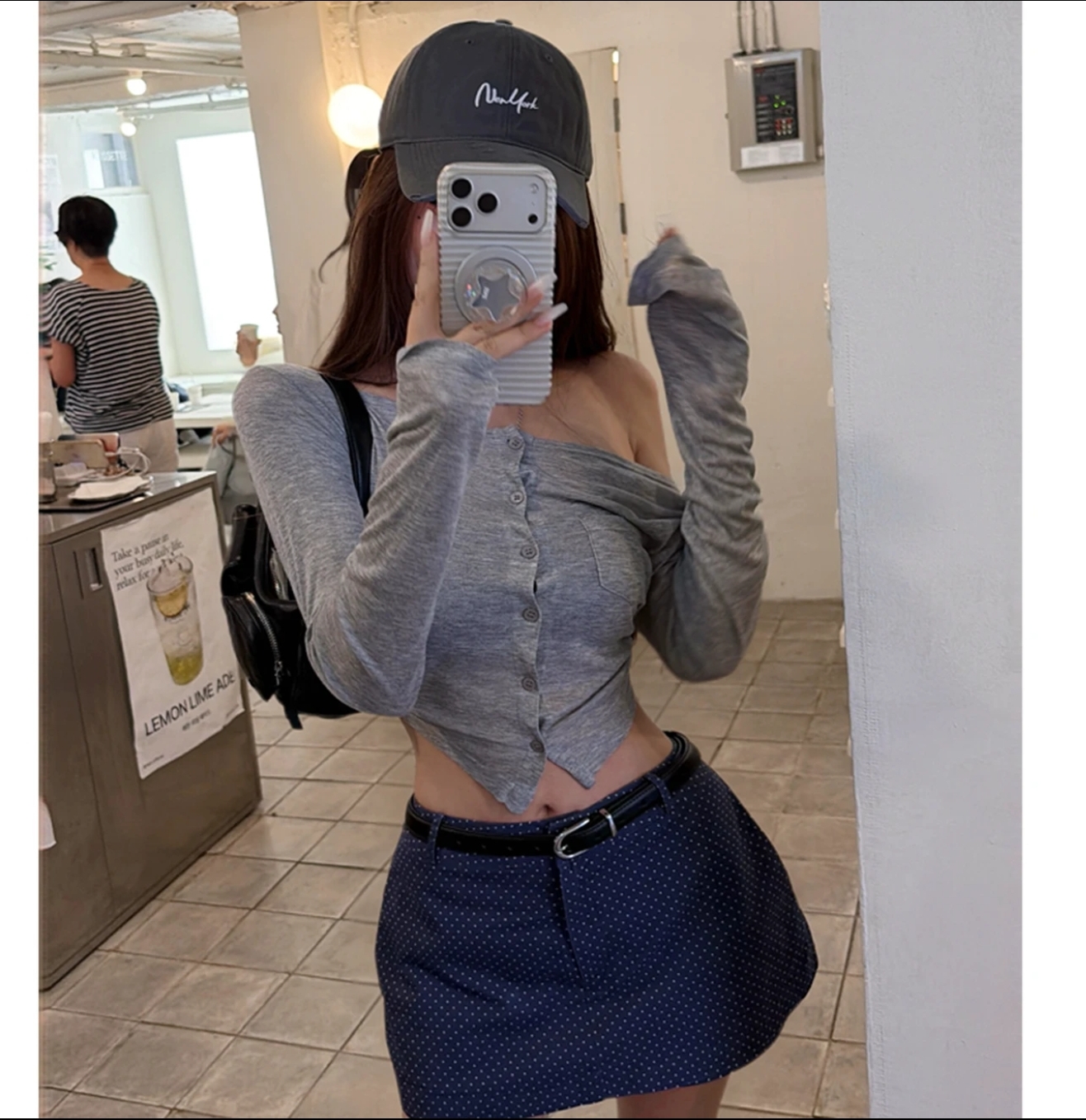 21degrees 회색 셔츠 웨이브 그림자 회색 비스듬한 어깨 자외선 차단 긴팔 블루 색상 도트 무늬 치마바지