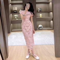 批发十三行品质 新中式国风<b class='q'>旗袍</b>短袖连衣裙独特收腰显瘦镂空长裙