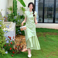 批发十三行品质新中式国风提花改良<b class='q'>旗袍</b>裙日常年轻款假两件连衣裙