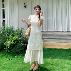 批发十三行品质 2026夏季新款假两件<b class='q'>旗袍</b>连衣裙女度假白色长裙