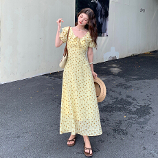 批发十三行品质 法式复古气质V领收腰显瘦碎花<b class='q'>连衣裙</b>女设计感<b class='q'>长裙</b>
