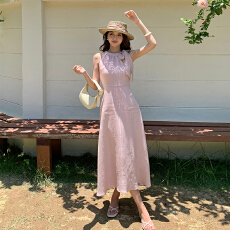 批发十三行品质 蝴蝶结系带挂脖<b class='q'>连衣裙</b>法式气质收腰无袖A字长裙子