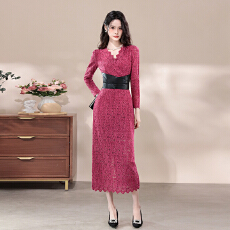 批发十三行品质 性感纯欲V领绑带长袖<b class='q'>连衣裙</b>显瘦蕾丝包臀辣妹长裙7257