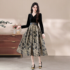 批发十三行品质海青蓝金丝绒提花<b class='q'>连衣裙</b>复古高级感收腰假两件裙子1801