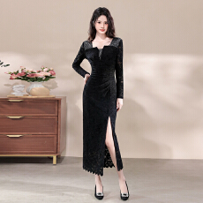 批发十三行品质  重工烫钻方领蕾丝<b class='q'>连衣裙</b>气质复古收腰开叉中长裙7270