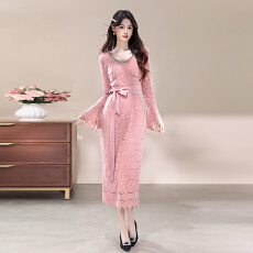 批发十三行品质 法式钉钻V领粉色蕾丝<b class='q'>连衣裙</b>高级感收腰气质长裙女7253