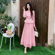 批发十三行品质 新款小香风收腰显瘦两件套水溶蕾丝<b class='q'>连衣裙</b>7220配腰带