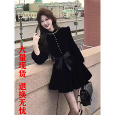 批发吃绿色菜【伯拉德千金】赫本风黑色丝绒长袖<b class='q'>连衣裙</b>秋季