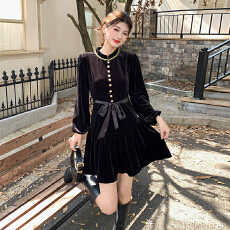 批发十三行品质  玖月伍秋冬新款赫本风黑色丝绒长袖<b class='q'>连衣裙</b>7320