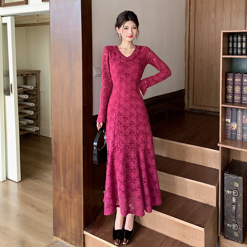 MY14541# 法式重工镂空圆领拼接蕾丝睫毛修身鱼尾连衣裙女裝貨源服裝批發