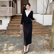 批发十三行品质 名媛气质减龄长袖拼接<b class='q'>荷叶边</b>钉珠假两件<b class='q'>连衣裙</b>7353