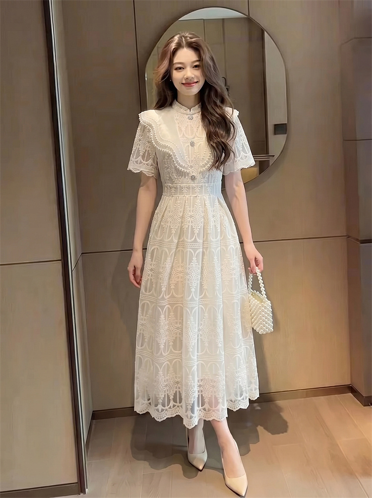 천 금빛 바람 레이스 자수 여성 드레스 중요 경우 우아함 품격 허리 수축 예복 롱 스커트 587911