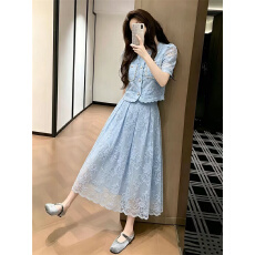 批发小礼服名媛甜美气质钉珠水溶蕾丝短袖<b class='q'>连衣裙</b>两件套中长裙7089