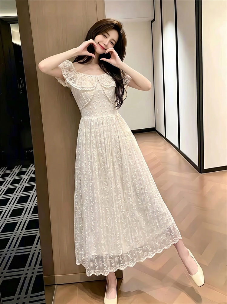 BY27934# 蕾丝收腰长裙夏季新款法式复古荷叶边花边拼接连衣裙99166  服裝批發女裝批發服飾貨源