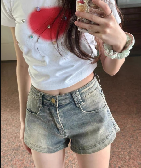 아메리칸 핫걸 스트레이트 마 오래된 데님 반바지 다용도 타이트 타이트 스커트 반바지 한 마디 핫 바지
