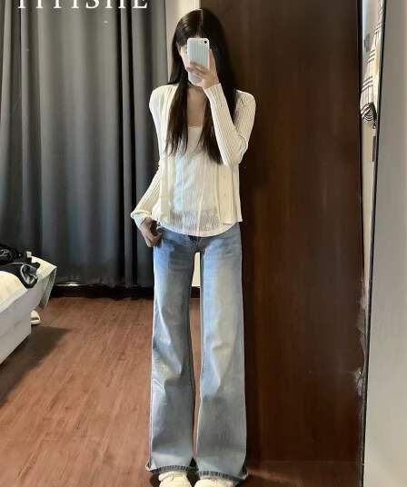 하늘색 로우 웨이스트 부츠컷 청바지 레트로 다용도 얇은 스타일 슬림해 보이는 바닥 청소 바지