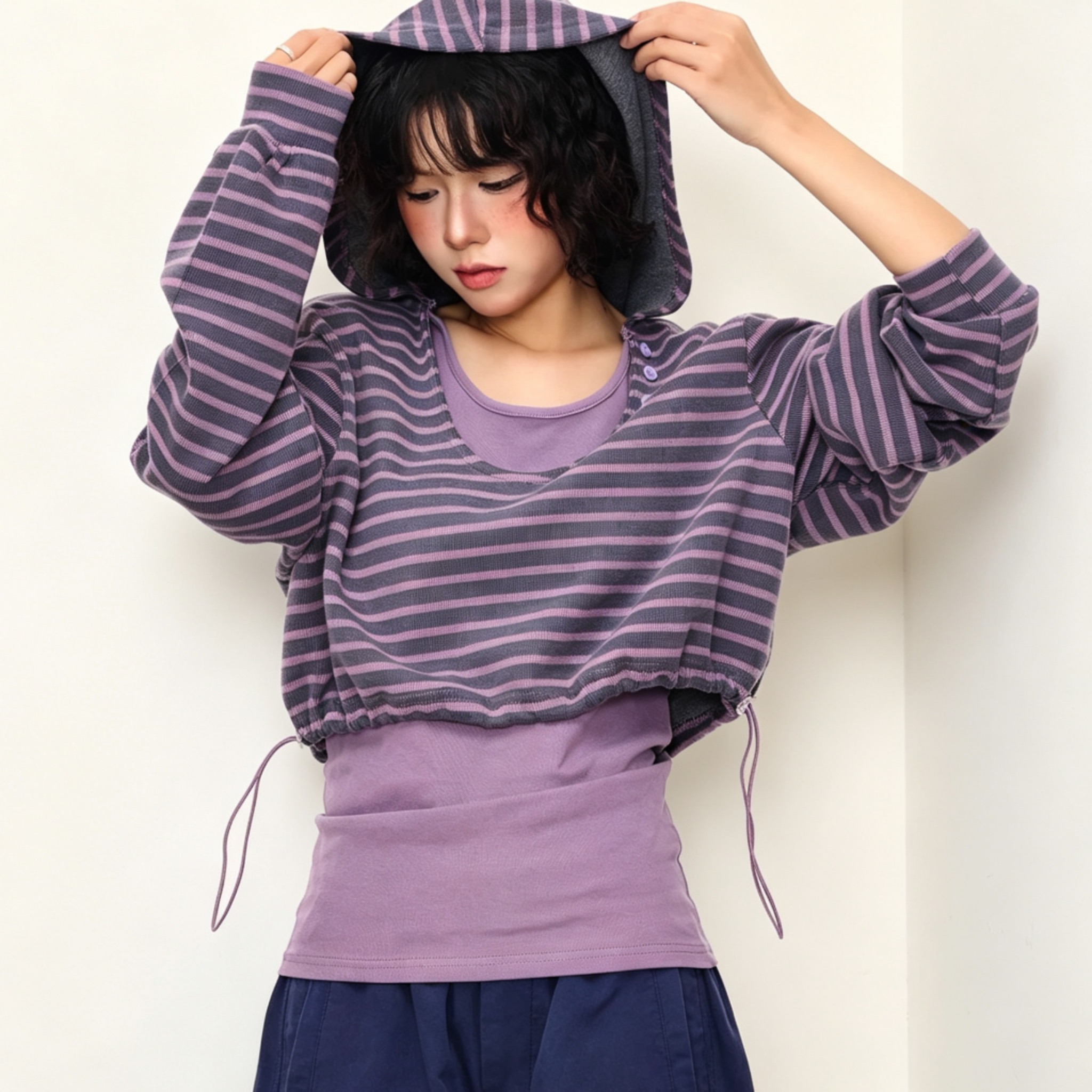 韩系条纹撞色假两件连帽长袖卫衣女春秋宽松叠穿针织上衣  服裝批發女裝批發服飾貨源