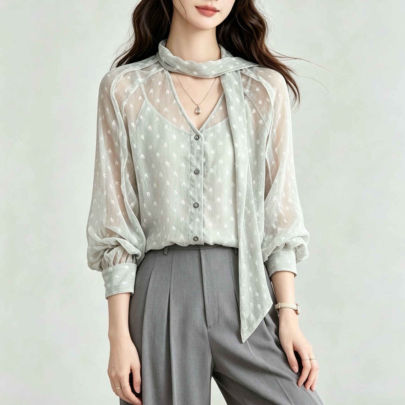 法式波点微透飘带衬衫女秋季新款吊带外搭衬衣两件套装  服裝批發女裝批發服飾貨源
