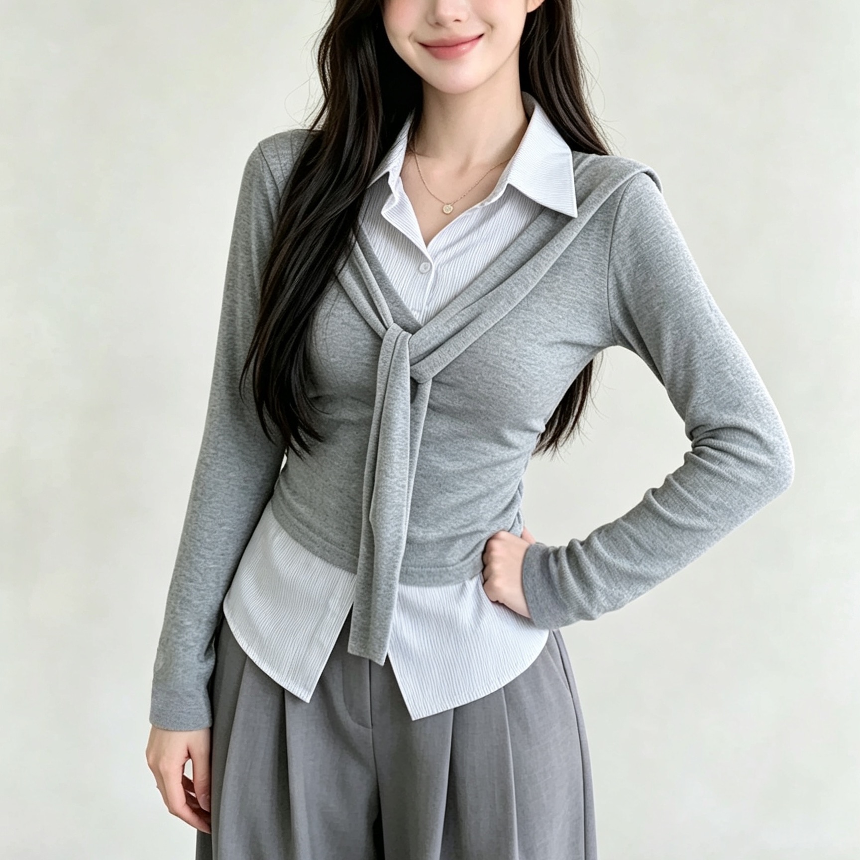 假两件拼接衬衫秋季小众修身打底衫漂亮上衣  服裝批發女裝批發服飾貨源