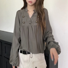 批发宫廷风拿破仑<b class='q'>泡泡袖</b>衬衫女秋季新款设计感褶皱感别致<b class='q'>上衣</b>