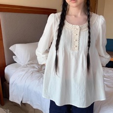 批发英子oni设计感小众重工花边竖条纹中袖<b class='q'>衬衫</b>女韩系中古娃娃衫上衣