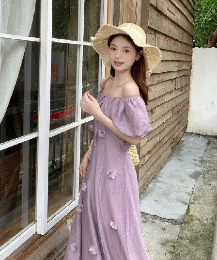실사 정가 부드러운 바람 여름 새로운 드레스 디자인 센스 3 차원 꽃 거품 소매 레이스업 허리 수축 롱 스커트