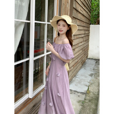 批发实拍实价温柔风夏季新款<b class='q'>连衣裙</b>设计感立体花朵泡泡袖系带收腰长裙