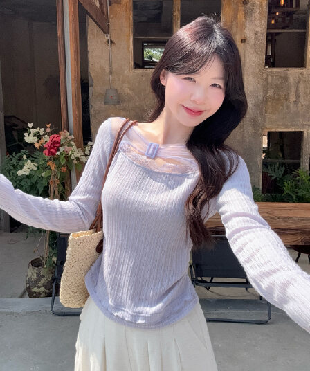 실사 정가 순수한 욕망 바람 봄 새로운 맨위 디자인 센스 망사 패치워크 Chic 오프숄더 품격 긴팔 티셔츠