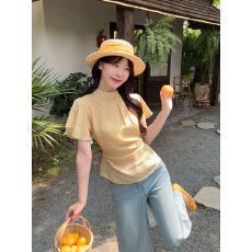 批发实拍实价韩版夏季新款上衣设计感别致温柔风波点收腰气质<b class='q'>雪纺衫</b>