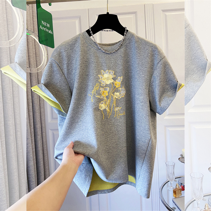 FA34015# 欧货高端重工花朵刺绣t恤女短袖新款宽松休闲打底衫 服裝批發女裝批發服飾貨源
